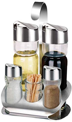 Cruet Set with stand-4or5-piece Stainless Steel Kitchen Spice Bottles Set-Salt and Pepper Shakers Oil and Vinegar Box Condiment Server Holder-Cooking Tools