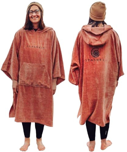 SEASHELL Peignoir à langer adulte - Poncho à capuche en coton bio (340 g/m²) - Séchage rapide, super absorbant, manches mi-longues - Pour natation, surf, plage, natation sauvage, sports nautiques