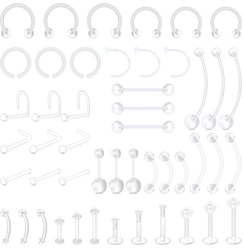 LAURITAMI 48 pezzi Clear Piercing Retainer per naso setto labbra lingua capezzolo ombelico orecchio cartilagine Piercing Hoops plastica gioielli segnaposto per la chirurgia