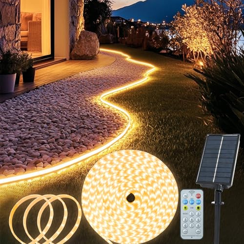 Striscia di luci LED solari per esterni, 10 m, 640 LED, con telecomando e 8 modalità, luci solari da giardino, impermeabili, per recinzioni, portico, gazebo, cortile, alberi, decorazione per interni