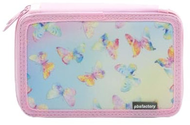 pbs factory GmbH Federmäppchen 2 Fächer - Mäppchen für Mädchen und Jungen - Gefülltes Schüleretui 32-teilig - Schulmäppchen (Schmetterling)