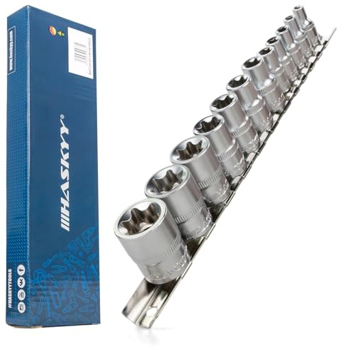 HASKYY Steckschlüsseleinsätze Torx Nuss Set E-Profil 1/4 Zoll (E4, E5, E6, E7, E8) & 3/8 Zoll (E10, E11, E12, E14, E16, E18, E20) Stecknüsse 12 tlg. Außentorx Steckschlüssel Satz