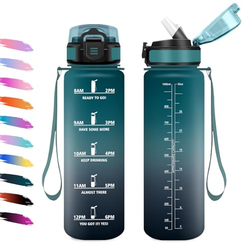 Borraccia Sportiva 1L, Bottiglia con Cannuccia, a Prova di Perdite, Facile Pulizia, Bottiglia Acqua Motivazionale con Indicatore del Tempo, per Campeggio, Ciclismo, Scuola, Ufficio, Lavoro, Gym