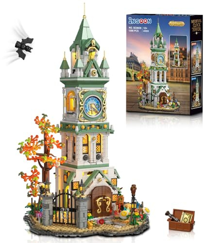 INSOON Magisches Uhrenturm Bauset mit Beleuchtung, Vatertag 1566 Stück Großes Mittelalterliches Burg Haus Klemmbausteine mit Eule & Garten, Geschenk für Erwachsene Jugendliche Jungen Mädchen ab 12+