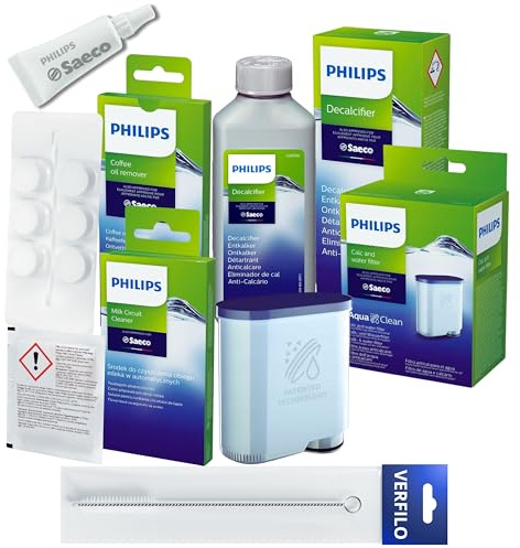 VERFILO Pflegeset für Kaffeevollautomaten kompatibel mit: Wasserfilter CA6903/10, Entkalker CA6700, Reinigungstabletten CA6704/10, Milchreiniger CA6705/10, Schmierfett HD5061/01, Bürste VERFILO