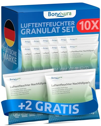 BonAura® Luftentfeuchter Nachfüllpack 12 x 400g - Großes Sparset Luftentfeuchter Granulat - 12er Set Entfeuchter Granulat - Schimmel- und Geruchsschutz