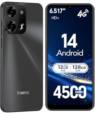 invens NOTE TK02 Mobile Phones SIM Free Unlocked 12GB RAM 128GB ROM Android 14 Smartphone, Octa-Core, 4500mAh battery 16MP, 6.52 inch HD+ Display, 4G Dual SIM, Face ID&GPS, Black