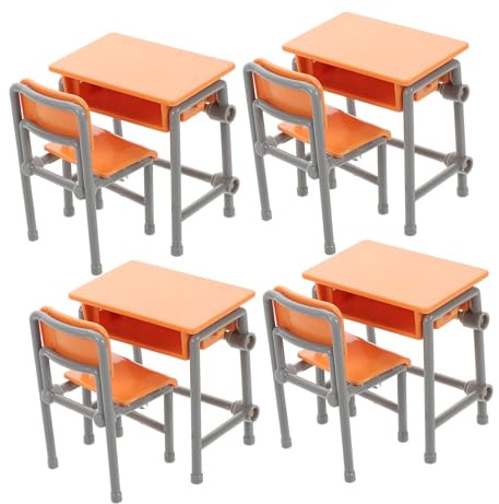 GALPADA 4 Ensembles Lot de Mini Bureaux et Chaises Scolaires Miniatures Accessoires Décoratifs Compacts pour Maison de Poupée Mobilier Réaliste pour Salle de Classe Miniature