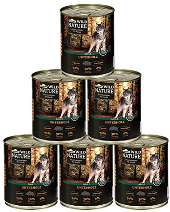Dehner Wild Nature Hundefutter Unterholz, Nassfutter getreidefrei / zuckerfrei, für ausgewachsene Hunde, Wildschwein, 6 x 800 g Dose (4.8 kg)