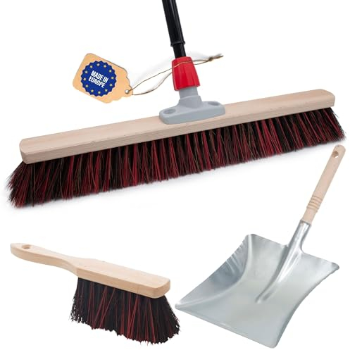 Novaliv Straßenbesen Set 60 cm I Besen und Kehrblech Handfeger Teleskopstiel I Arenga-Elaston schwarz-rot I mit Stiel ausziehbar I Industriebesen Kehrbesen Gartenbesen Hofbesen