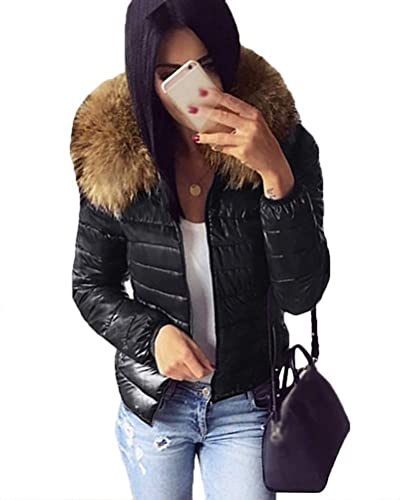 Onsoyours Giacca Donna Elegante Corto Piumino Invernale Giubbotto Taglie Forti vestibilità Slim Fit Giacche Outwear con Cappuccio Cappotto Donna Nero S