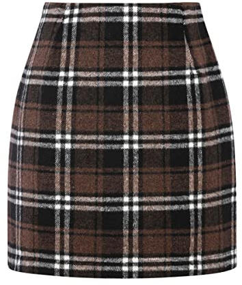 IDEALSANXUN Womens Fall Winter High Waisted Plaid Skirt Bodycon Pencil Wool Mini Skirts(Coffee, S)
