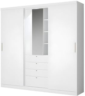 Venta-Unica - Armario BODIL - Puertas correderas - Espejo y cajones - Largo 240cm - Blanco