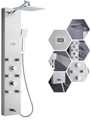 MENATT 304 Stainless Steel Shower Panels System with 6 Body Jets, Shower Tower with Adjustable 9 inch Rainfall Shower Head, Handheld Shower Wand, Brushed Nickel