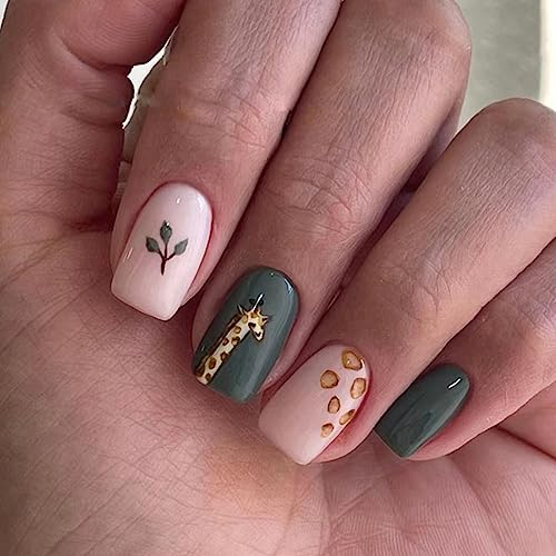 24 Stück Nägel zum Aufkleben Kurze, Cute Giraffe French Künstliche Nägel, Grün Acryl Press on Nails mit Nagelkleber Aufkleber Eckig Kunstnägel Fingernägel Zum Aufkleben für Frauen