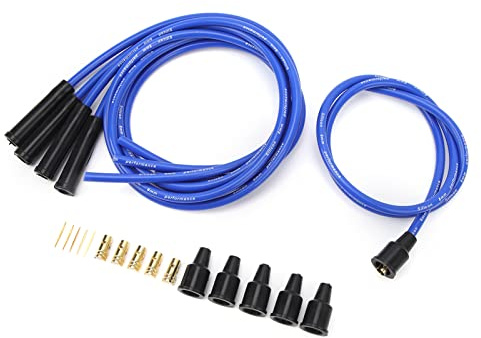 Kit de Fil de Bougie d'allumage Haute efficacité 8mm Diamètre Fil de Bougie d'allumage Longue Durée avec Connecteurs pour Voitures Classiques à 4 Cylindres (Bleu)