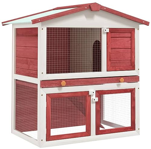 PURADAY Conigliera per Esterni con 3 Porte Rossa in Legno 94x60x98 cm Pollaio Per Galline Da Esterno Casetta Per Conigli Recinto Per Conigli Gabbia Per Galline Gabbia Per Animali Resistente