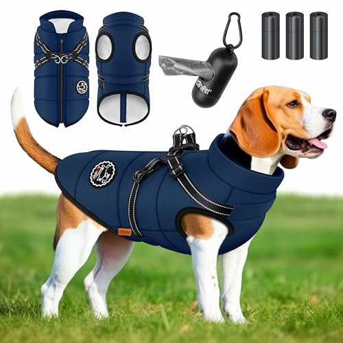 LOVPET® Hundejacke Hundemantel mit Geschirr, inkl. 45 Stück Kotbeutel + Spender, Hunde Winterweste gefüttert wasserdicht, Gepolsterte Weste Mit Brustgurt, Reflektoren, D-Ring 3XL, Navyblau