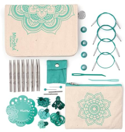 KnitPro Mindful utbytbara nålar Set - 7 par 10 cm rundstickor med tillbehör Mindful Grace Set för nybörjare, proffs och presentset