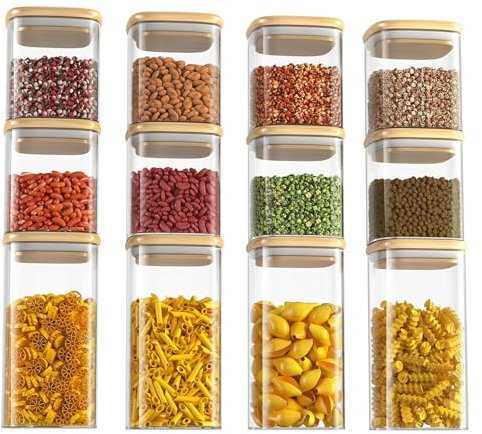 Neo Set of 12 Square Glass Storage Jars with Bamboo Lids Airtight Glass Canisters with 2 Size 600ml 1000ml Large Kitchen Food Storage Jars for Kitchen Cabinet Dishwasher Safe (8.8L)