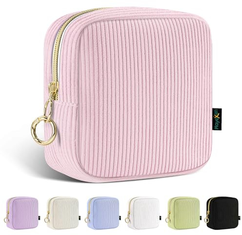 Trousse Maquillage Femme Petit Mini Trousse de Toilette Fille Voyage en Velours Côtelé épais Pochette Maquillage Sac de Organiseur Rangement à Cosmétique Makeup Idéal Cadeau Anniversaire Noël(Rose)