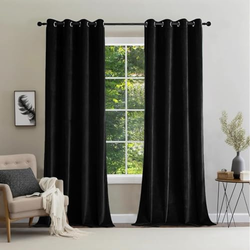 CUCRAF Samtvorhang mit Ösen 2er Set, blickdichte und lichtundurchlässige Vorhänge, H 260x B 140cm, luxuriöse wärmeisolierende Vorhänge für Wohnzimmer und Schlafzimmer (Schwarz)