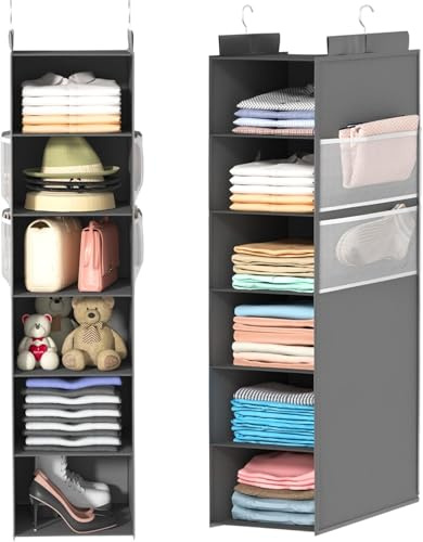 ALLTIDYUP Étagère Suspendue Pliable de Rangement de Placard et Penderie, 6 Niveaux Profonds avec Poches en Maille et Crochets Métalliques – Vêtements, Chaussures et Chapeaux, Robuste (Gris, 1 Pièce)