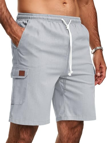 Zetieny Herr Cargo-shorts av linne med resår och fickor Lätta, LJUSGRÅ, L
