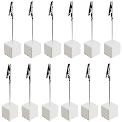 12 soportes para fotos, pinza de cocodrilo, soporte para tarjetas de mesa, base de madera, soporte para tarjetas, soporte vertical para notas, para fotos, tarjetas, notas (blanco)