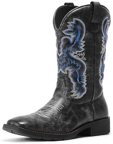 TruVeld Men’s Western Cowboy Boots - Classic Embroidered Slip-On Square Toe, Slip-Resistant Country Boots with Chunky Heel, Durable Ankle Boots for Spring & Fall