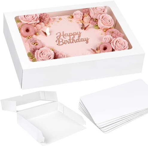 Moretoes 6 Pack 19x14x4 Inch Large Sheet Cake Boxes with Thick Cake Boards, White Rectangle Bakery Boxes with Window for Cake Pastry Baking, Cupcake, Muffins & Pie, Auto-Popup