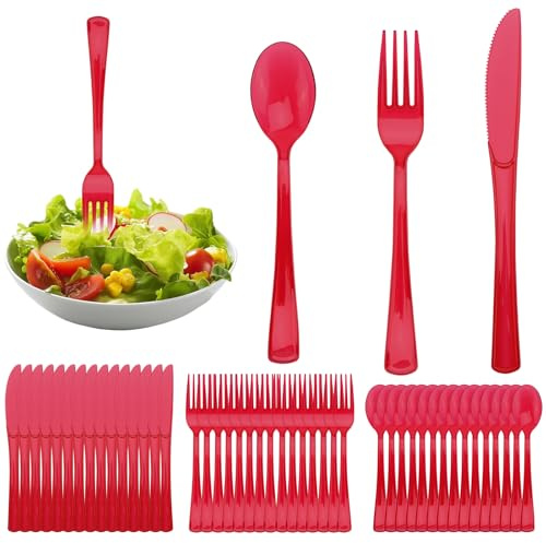 Erzekrim Juego de cubiertos reutilizables de 90 piezas, con tenedores, cuchillos y cucharas, reutilizables, para celebraciones familiares, bodas, fiestas de cumpleaños, cenas al aire libre (rojo