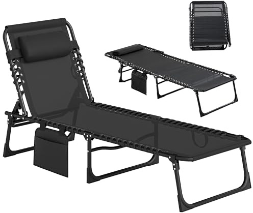Outsunny Lettino Prendisole Pieghevole con Tasca e Schienale Regolabile, Sdraio da Giardino con Cuscino, Seduta Traspirante in Texteline, per Spiaggia Piscina Giardino, 58x189x30cm, Nero