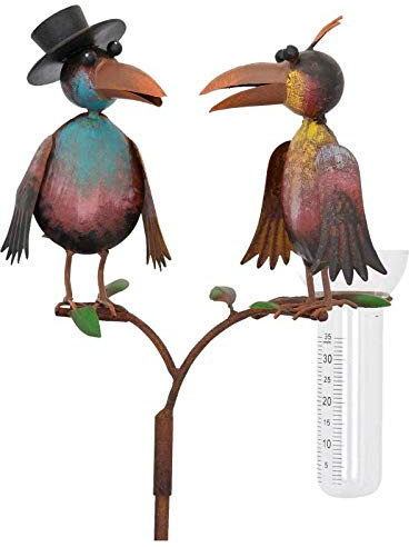 Superbe Pluviomètre à Piquer Tuteur Plante Décoration de Jardin Motif Corbeaux en Fer Patiné et Tube en Verre 23x29x130cm
