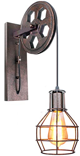 iDEGU Lámpara Industrial de Pared con Estilo de Polea - Luz de Pared para Dormitorio, Sala de Estar, Restaurante, Bar (1 pieza - Óxido)
