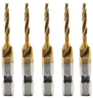 5PCS Titanium Combination Drill Tap Bit Set Screw Tapping Hex Shank HSS Metric/Imperial Plug Drill Bits Hand Tools (Titanium 6-32NC)
