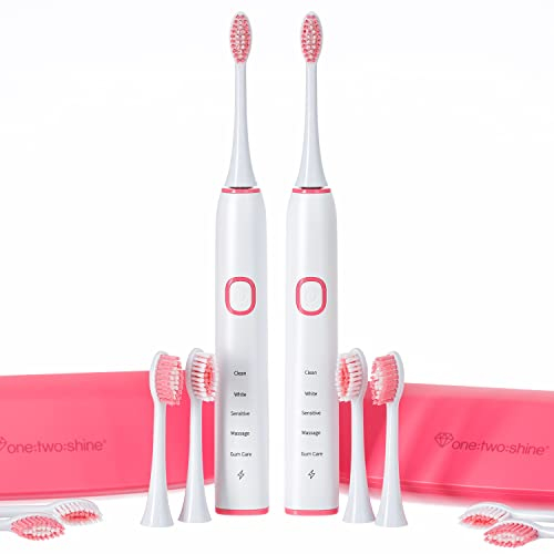ONE:TWO:SHINE Doppelpack | Schallzahnbürste ONE | 2 elektrische Zahnbürsten mit 8 Aufsteckbürsten + 2 Zungenreinigern + 2 Reise-Etuis + 2 Ladestationen + 2 Netzteilen | lange Akkulaufzeit (Hot-Pink)