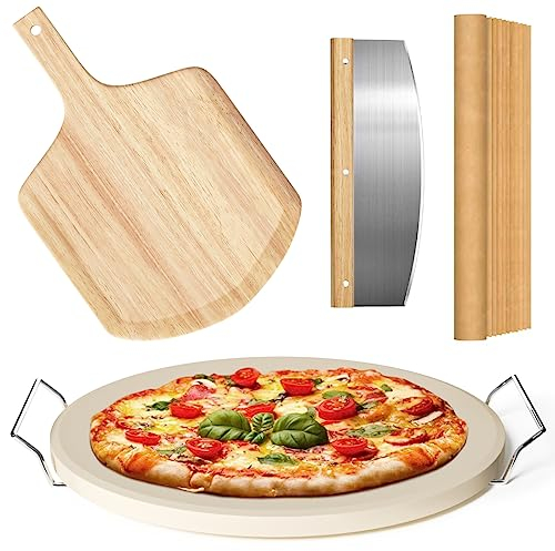 Juego de 5 piedras redondas para pizza, piedra de pizza de 13 pulgadas para horno y parrilla con cáscara de pizza (roble), estante para servir, cortador de pizza y 10 piezas de papel de cocina gratis,