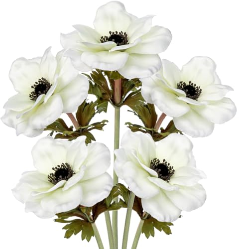 Briful 5er Set Künstliche Anemonen Kunstblumen Wie Echt Kunstzweige Weiße Frühlingsblumen, Länge 53 cm, Dekoblumen für Blumengesteck Home Resto Büro Dekoration