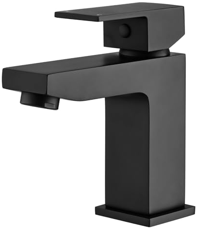 Black Bathroom Taps Square Basin Mixer Tap, Monobloc Bathroom Sink Taps 1 Hole Basin Taps with Hot and Cold Hoses for Bathroom, Washroom, Cloakroom, Matte Black