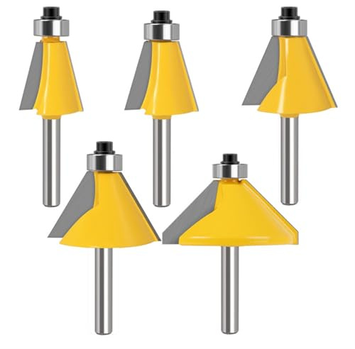 Juego de 5 brocas for fresadora de biselado y chaflán, fresa for carpintería de 11,25/15/22,5/30/45 grados, vástago de 6 mm, 1/4 de pulgada, 8 mm, 12 mm y 1/2 pulgada(5pcs 6.35mm shank)