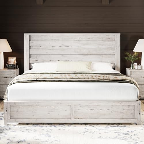 AMERLIFE Farmhouse King Size Bed Frame with 49 Fluted Headboard, Wood Platform Bed with Natural Wood Grain, No Box Spring Needed/Noise Free, Distressed White