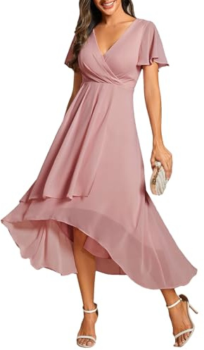 Ever-Pretty Vestidos de Invitada de Boda Elegantes Vestidos de Noche de Gasa Mujer Midi Cortos Vestidos de Novia Rosa Polvorienta 38