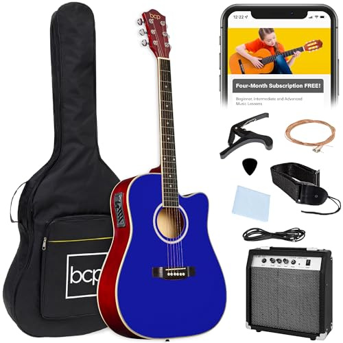 Best Choice Products Beginner Acoustic Electric Guitar Starter Set w/ 41in, All Wood Cutaway Design, Gig Bag, Strap, Picks - Dark Blue