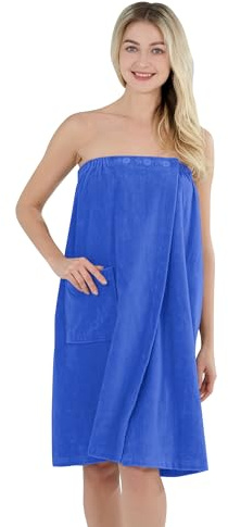 Winthome Toalla de Sauna Mujer 100% Algodón, Toalla de Baño Grande Suave y Cómoda, Absorbente, Ajustable con Botones, Albornoz Ducha Mujer para Sauna, Ducha, Playa, Piscina (Azul oscuro, 80x145cm)