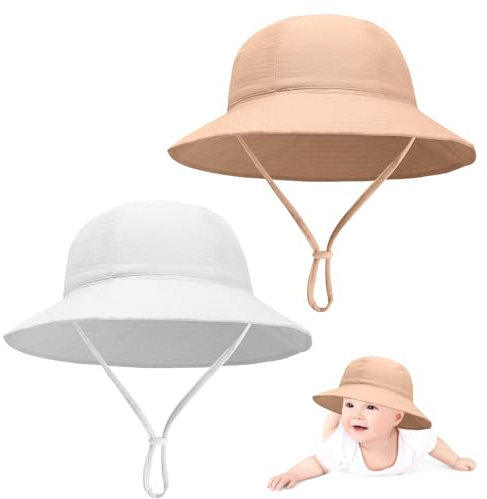 Risipu 2 Pcs Baby Sun Hat with Adjustable Chin Strap 100% Cotton Soft Bucket Hat for Newborns 3-12 Months Toddler Fishing Hats for Boys & Girls (Age 3-12 Months, White+Khaki)