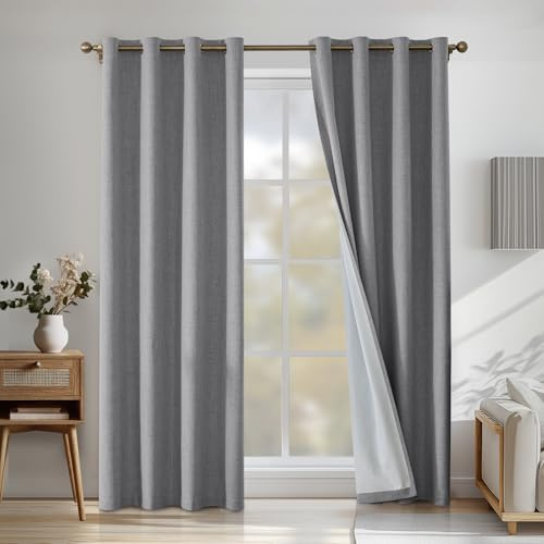 CYCMACO 100% Mörkläggningsgardiner 2 Stycken, 140x225cm, Linneeffekt, Värmeisolerade Interiörgardiner Med Ringar, Ljudabsorberande, Sovrumsgardin, För Vardagsrum, Ljusgrå
