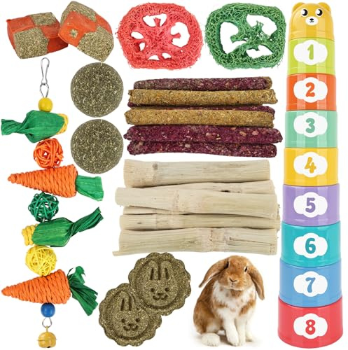 Pethee 33PCS Rabbit Toys Set, Natural Chew Toys for Rabbits & Small Animals, Stacking Cups, Hanging Toy, Timothy Hay Sticks&Treat Balls, Teeth Grinding Toys & Boredom Breaker for Bunny, Guinea Pigs