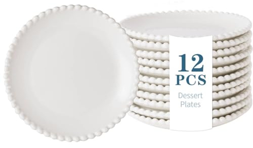 TAMAYKIM 5.5 Inch Porcelain Dessert Plates, Appetizer Plates, Round Small Dinnerware Sets, Scratch Resistant, Microwave, Oven, and Dishwasher Safe, White with Pearl Dots, Set of 12