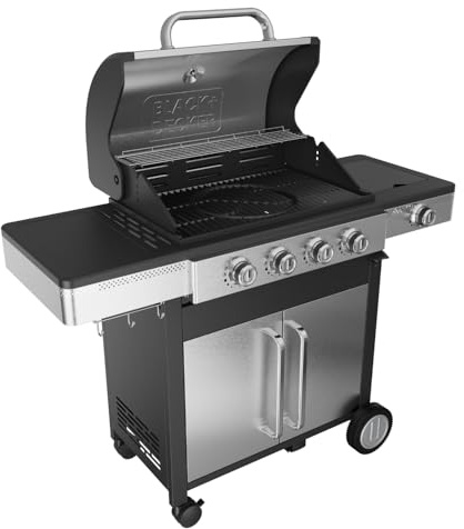 Black+Decker – Barbecue à gaz BXOG7200F | 2 brûleurs 3,6 kW | Grille en fonte | Nettoyage facile | Thermomètre inox | Zone de cuisson flexible | Roulettes pivotantes